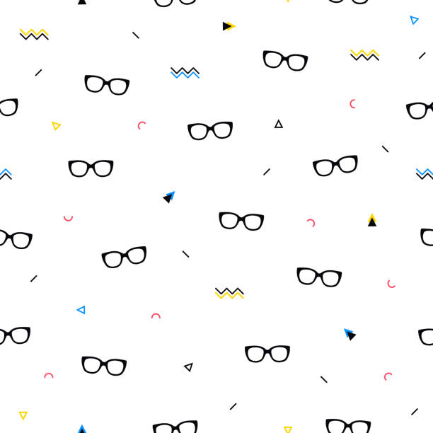 Glasses eyes seamless pattern on white background and geometric shapes in memphis style. Eyeglasses. Vector illustration. Fashion background in minimal design. Glasses eyes seamless pattern on white background and geometric shapes in memphis style. Eyeglasses. Vector illustration. Fashion background in minimal design eye designs stock illustrations