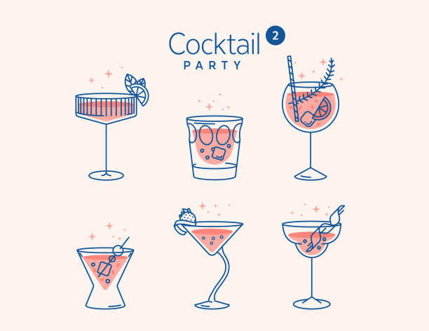 ccocktail 안경 최소한의 벡터 얇은 라인 그림입니다. 얼음 조각과 레몬을 곁들인 6가지 상쾌한 칵테일. 클럽에서 파티. 메뉴 디자인용으로 작성되었습니다. 모히토 나 마티니 와 같은 알코올 음료  - 파티 일러스트 stock illustrations