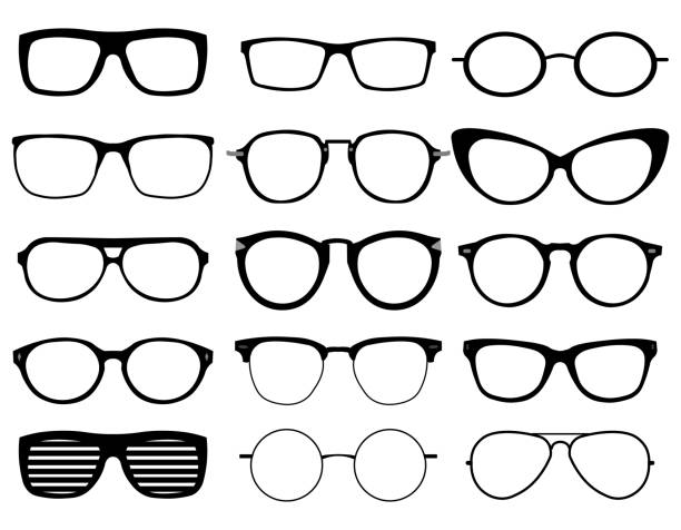 ilustrações de stock, clip art, desenhos animados e ícones de glasses model icons, man, women frames. sunglasses, eyeglasses black silhouettes isolated on white. - eyeglasses
