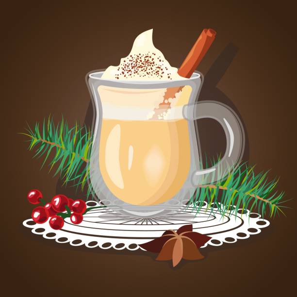 Glasses of eggnog with cinnamon sticks. Hot cocktail with creamy foam, pine leaves and berries Vector illustration for any design. Flat design for card or banner. Resize at any size. eggnog stock illustrations