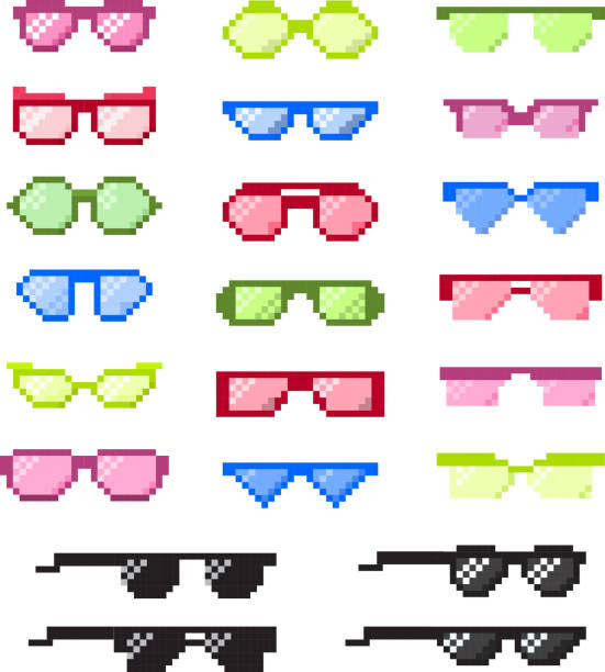 Glasses pixel with eyes vector cartoon eyeglass frame or sunglasses and accessories fashion optical framing spectacles eyesight view illustration pixelization set isolated on white background vector art illustration