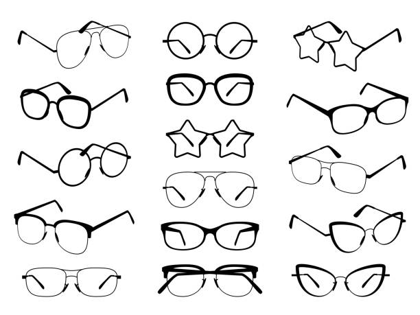 brille silhouette. verschiedene brillenrahmen für männer und frauen modische sonnenbrillen. optische vision gläser verschiedener formen vektor-set - brille stock-grafiken, -clipart, -cartoons und -symbole