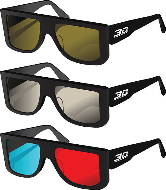 3D Glasses Set of 3D active glasses, illustration in vector format, 1 movie 3D glasses, 2 TV 3D active glasses with several colors of glasses, side view on a white background, shadow can be removed. 3 d glasses stock illustrations