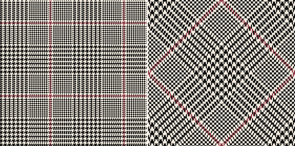 Glen check plaid pattern in black, red, off white. Seamless classic tweed tartan check plaid illustration set for jacket, skirt, trousers, pyjamas, blanket, scarf, other spring autumn winter print.