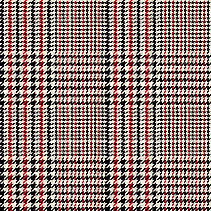 Glen plaid pattern in black, red, beige. Seamless hounds tooth check plaid background vector for dress, jacket, skirt, or other modern spring autumn fashion textile print.