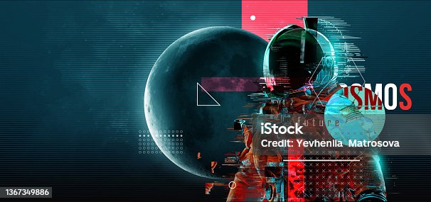 istock Glitch astronaut on the background of the moon and space. Digital pixel noise abstract design. Vector illustration 1367349886