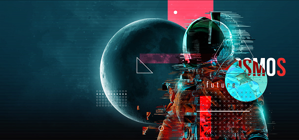 Glitch astronaut on the background of the moon and space. Digital pixel noise abstract design. Vector illustration
