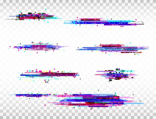 ilustrações de stock, clip art, desenhos animados e ícones de glitch color elements set. digital noise abstract design. color pixel glitch. modern bug effect. noise texture. vector illustration - glitch
