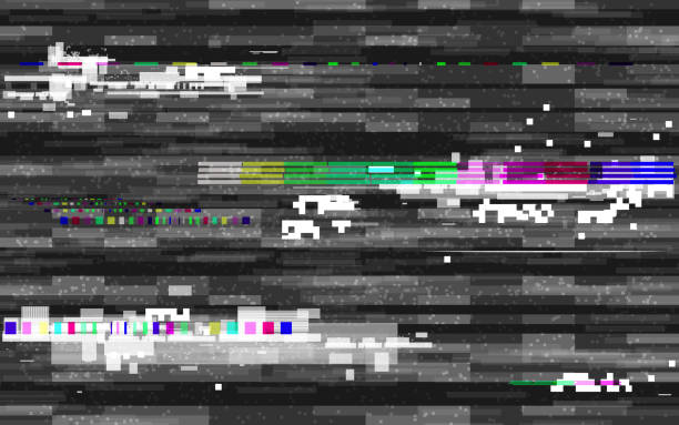 Glitch digital with color distortion. Retro VHS backdrop. Glitched lines and pixel noise. No signal template. Black and white TV texture. Old television effect. Vector illustration Glitch digital with color distortion. Retro VHS backdrop. Glitched lines and pixel noise. No signal template. Black and white TV texture. Old television effect. Vector illustration. 90s television set stock illustrations