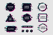 Glitch effect banners and frame set. Futuristic design with glitchy abstract shapes. Vector clipart elements.