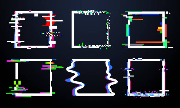 ilustrações de stock, clip art, desenhos animados e ícones de glitch square frame. trendy glitched squares shapes, abstract dynamic geometry frames with noise glitches. distortion design vector set - glitch