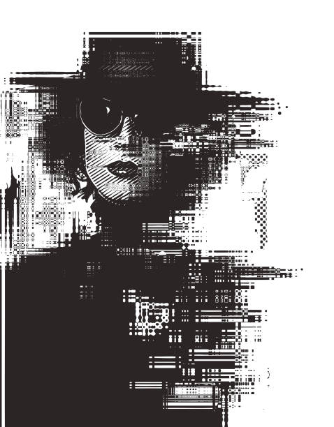 Glitch technique portrait of a young woman with cool attitude Engraving silhouette Glitch technique portrait of a young woman with cool attitude robot silhouettes stock illustrations