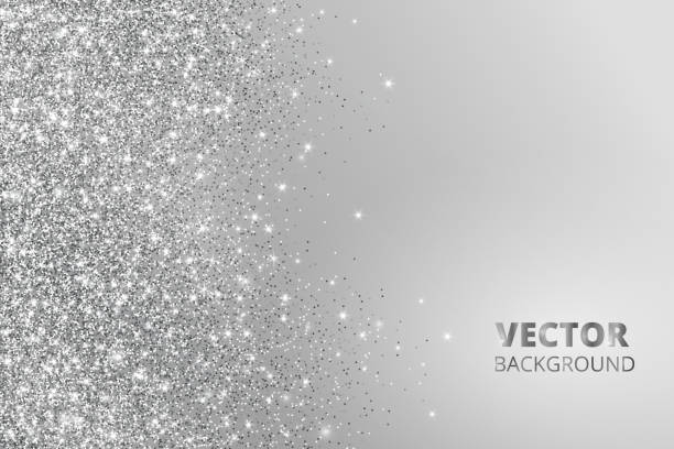 Glitter confetti, snow falling from the side. Vector silver dust, explosion on grey background. Sparkling border, frame Glitter confetti, snow falling from the side. Vector silver dust, explosion on grey background. Sparkling border, frame. Great for wedding invitations, party posters, Christmas and birthday cards. silver colored stock illustrations