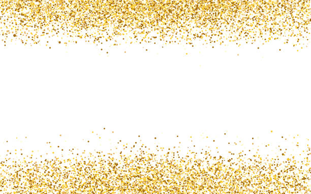 illustrazioni stock, clip art, cartoni animati e icone di tendenza di bordo in oro glitter. cornice di lusso su sfondo bianco. decorazione della polvere d'oro. ricca texture di coriandoli per biglietto d'auguri o pubblicità. illustrazione vettoriale - coriandoli oro