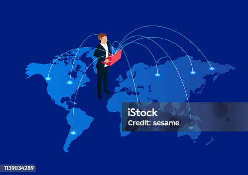 istock Global communication, businessman holding laptop standing on world map 1139034289