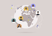 istock Global communications concept, a Globe with colorful user avatars on it, Globalisation 1344829079