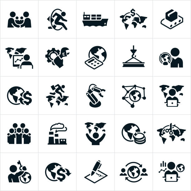 Global Economy Icons Icons related to the global economy. The icons include economists, economic growth, trade, handshake, shipping, global trade, international relations, industry, manufacturing, steel, earth, globe, world map, money and other related icons. global currency stock illustrations