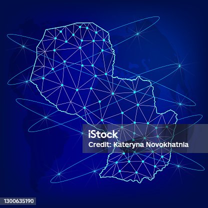 istock Global logistics network concept. Communications network map Paraguay on the world background. Map of Paraguay with nodes in polygonal style. Vector illustration EPS10. 1300635190