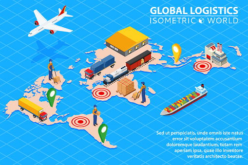 Global logistics network Flat 3d isometric vector illustration Set of air cargo trucking rail transportation maritime shipping.