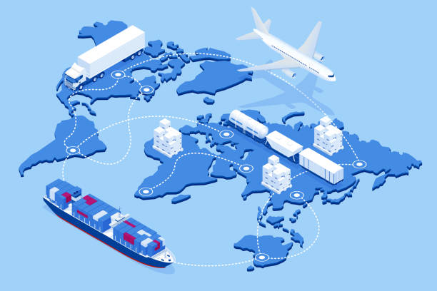 Global logistics network isometric illustration Icons set of air cargo trucking rail transportation maritime shipping On-time delivery Vehicles designed to carry large numbers of cargo Global logistics network isometric illustration Icons set of air cargo trucking rail transportation maritime shipping On-time delivery Vehicles designed to carry large numbers of cargo chain store stock illustrations