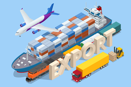 Global logistics network isometric , Ocean Freight, Global network, Shipping expertise, End-to-end services, Smart technology concept with global logistics partnership