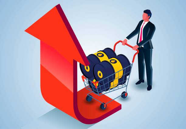Global rising crude oil prices, isometric businessman pushing a shopping cart full of barrels of crude oil on a rising red arrow. Global rising crude oil prices, isometric businessman pushing a shopping cart full of barrels of crude oil on a rising red arrow. oil finanace market  stock illustrations