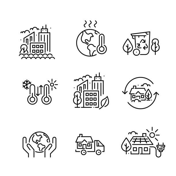 Global warming and sustainable city icons set. Pixel perfect, editable stroke vector art illustration