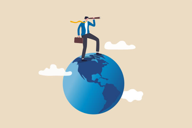 Globalization, global business vision, world economics or business opportunity concept, smart businessman standing on globe, planet earth using telescope to see vision or future opportunity. Globalization, global business vision, world economics or business opportunity concept, smart businessman standing on globe, planet earth using telescope to see vision or future opportunity. global stock illustrations