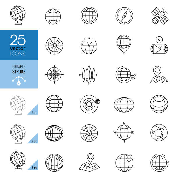 Globe and Communication Icons. Editable stroke. Globe icon set. Planet Earth icons for websites. Editable stroke. globe navigational equipment stock illustrations