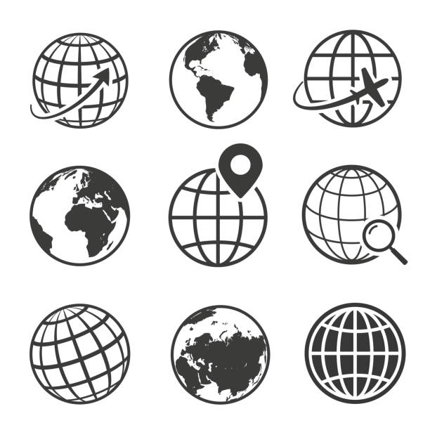 zestaw czarnej ikony planety globus i ziemi - globe stock illustrations