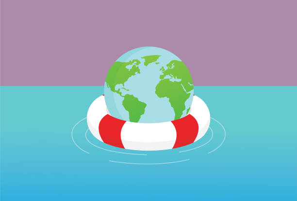 Globe float with a lifebuoy in a sea vector art illustration