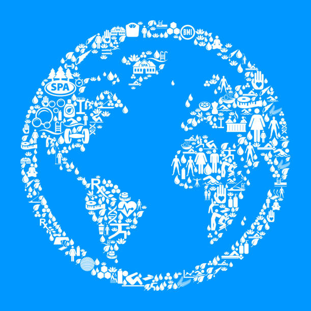 Globe  Health and Wellness Icon Set Blue Background . This vector graphic composition features the main object composed of health and wellness icons. The icons vary in size. The vector icons are in white color and form a seamless pattern to form the object. The background is blue. The icons include such popular healthcare and wellness icons as fitness, water, people exercising, massage, stretching, yoga and many more. You can use this entire composition or each icon can also be used separately and as not part of the icon set.