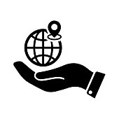 Globe on hand icon / trace location. Use for commercial, print media, web or any type of design projects.