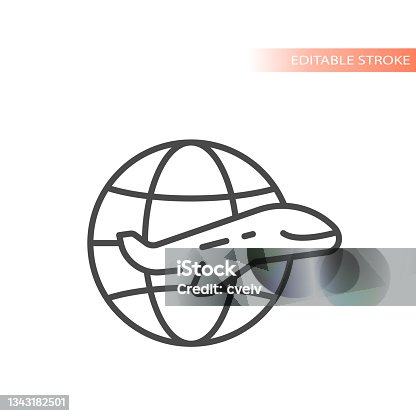 istock Globe, planet and airplane line vector icon 1343182501