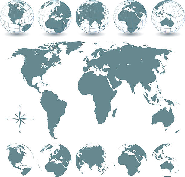 globe 설정 및 세계지도 - 국가 지리적 지역 stock illustrations