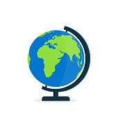 istock Globe with stand. World on globus for classroom and school. Icon of map on desk. Model of earth with axis. Flat globe isolated on white background. Icon for education, travel and geography. Vector 1349165192
