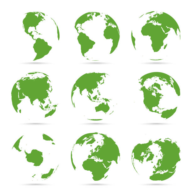 Globes icon collection. Green globe. Planet with continents Globes icon collection. Green globe. Planet with continents Africa, Asia, Australia, Europe, Antarctica, North America and South America earth stock illustrations