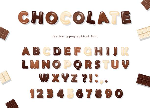 stockillustraties, clipart, cartoons en iconen met glanzende abc letters en cijfers, gemaakt van verschillende soorten chocolade - donkere, melk en wit. zoete lettertype ontwerp. - chocoladeletter