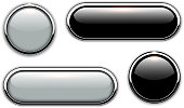 Glossy buttons with metallic, chrome elements, black and grey vector illustration.