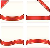 Set of 4 red ribbon banners with gold stripes wrapping around white copy space, as well as 2 corner banners.  Ribbons can be adjusted easily to fit any format.  Colored with flat colors and simple gradients only - no gradient mesh; shadows are simple 2-step blends.  Colors are global swatches, so file can be recolored easily.  Each element is on its own named layer for easy editing.