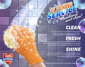 Gloved Hand Washes Tile. Detergent for Home. Cleaning Service. Means for Cleaning Apartment. Bast in Hand. Clean Bathroom. Vector Illustration. Cleaning Realistic. Shining Surface. Household Chemicals