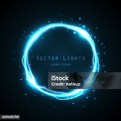 istock Glow round frame with many shine particles and electricity effect. 659405790