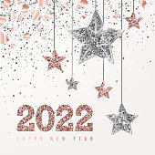 2022 Glowing Banner with Numbers and Hanging Rose Gold and Silver Stars with scattering confetti and foil paper. Vector illustration. All isolated and layered