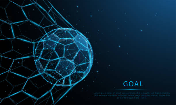 glowing blue Soccer ball in the goal. Low polygon, particle, and triangle style design.Wireframe light connection structure.Goal setting concept vector art illustration