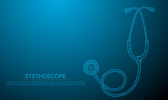 Glowing blue stethoscope for medical. Abstract vector low poly wireframe illustration with connected dots and polygonal shapes. Horizontal medical banner with copy space.