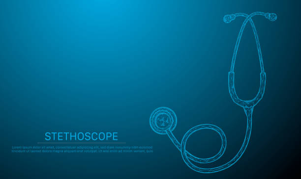 Glowing blue stethoscope for medical. Abstract vector low poly wireframe illustration with connected dots and polygonal shapes. Horizontal medical banner with copy space. vector art illustration