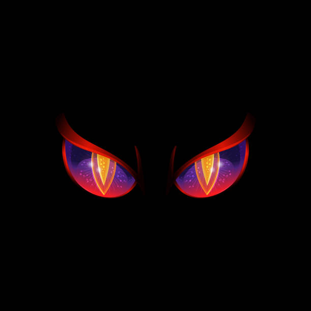 ilustrações de stock, clip art, desenhos animados e ícones de glowing evil eyes on black background - angry halloween monster eyes - dragões olho