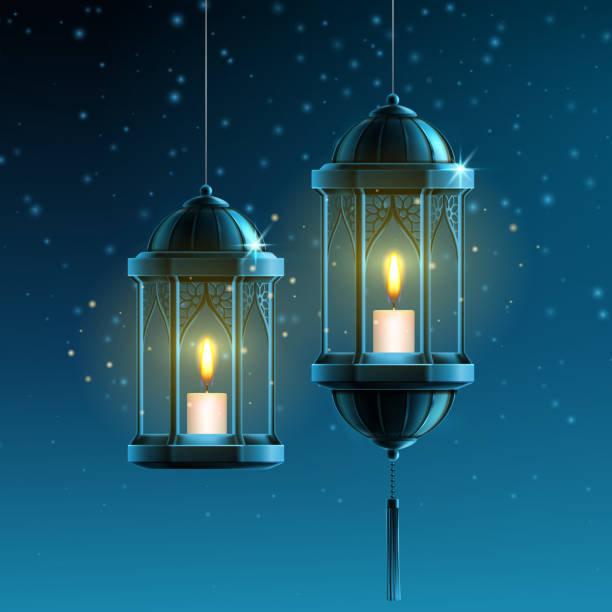 Glowing fanous or vintage fanoos, hanging lantern Glowing fanous or vintage fanoos, hanging islam lantern or antique arab light with candle at night. Background symbol or object for ramadan kareem or eid mubarak. Eastern or muslim holiday theme fanous stock illustrations