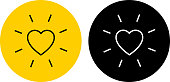 Glowing Heart Shape Icon. This 100% royalty free vector illustration is featuring a round button in yellow with the main icon depicted in black. There is an alternative black and white version on the right.