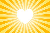 Glowing heart empty shape on yellow - gold concentric rays background. No transparency used
